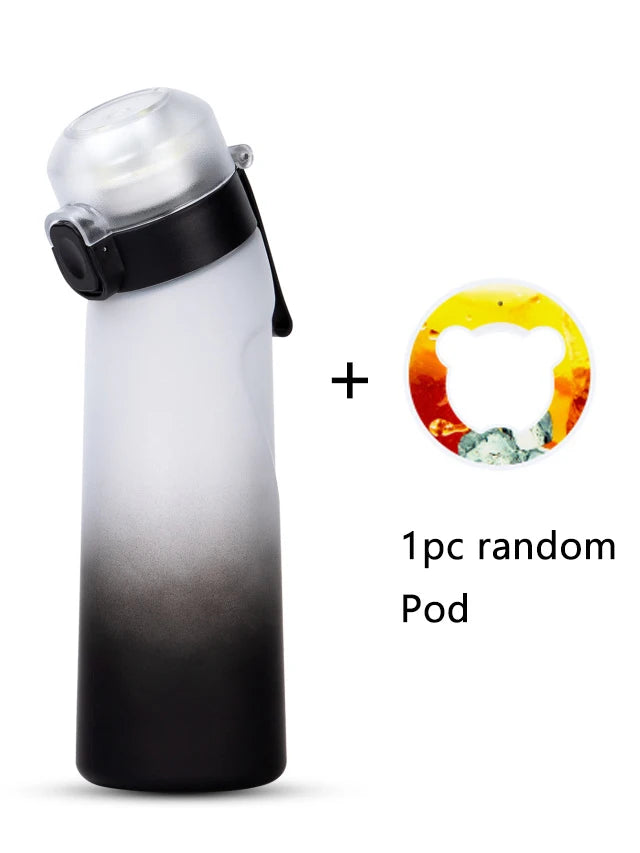 1 botella de agua saborizada de 650 ml con 1 cápsula de sabor aleatorio. Botella de agua Air Water Bottle negra esmerilada. Ideal para camping, deportes y fitness.