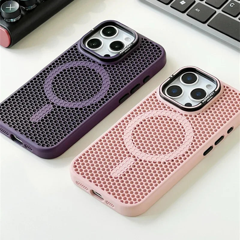 Funda MagSafe con rejilla de panal para iPhone 17, 17 Air, 16, 15, 14, 13, 12 Pro Max, soporte de lente de aleación y cubierta de carga inalámbrica.