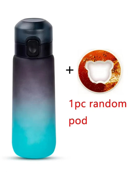 1 botella de agua saborizada de 650 ml con 1 cápsula de sabor aleatorio. Botella de agua Air Water Bottle negra esmerilada. Ideal para camping, deportes y fitness.
