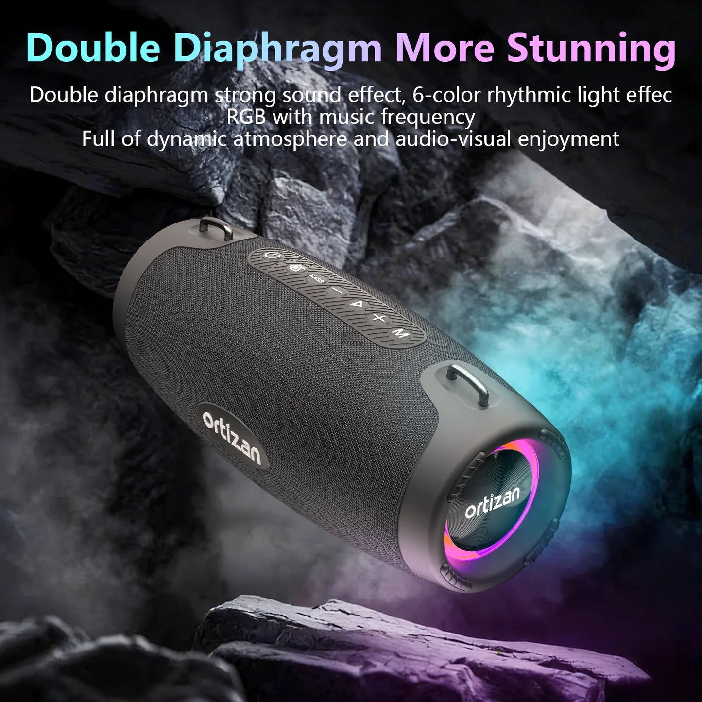 Ortizan M8 Wireless Portable Bluetooth Speaker, 60W Outdoor Speaker Bluetooth 6.0 with Enhanced Bass, IP67 Waterproof, Party Lights, and Shoulder Strap, Auracas Snyc 100+ Speakers