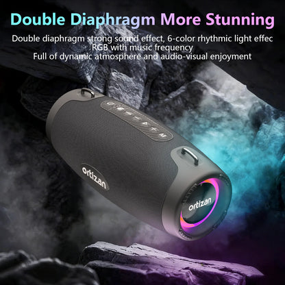 Ortizan M8 Wireless Portable Bluetooth Speaker, 60W Outdoor Speaker Bluetooth 6.0 with Enhanced Bass, IP67 Waterproof, Party Lights, and Shoulder Strap, Auracas Snyc 100+ Speakers