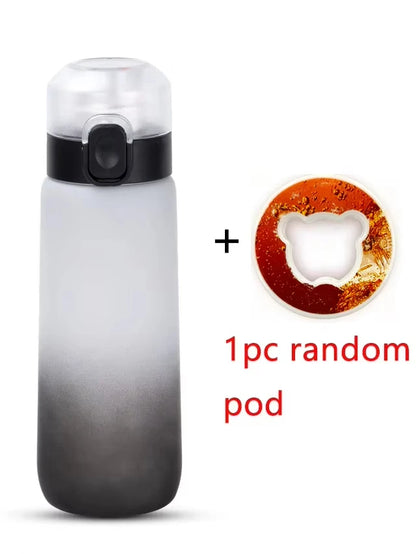 1 botella de agua saborizada de 650 ml con 1 cápsula de sabor aleatorio. Botella de agua Air Water Bottle negra esmerilada. Ideal para camping, deportes y fitness.