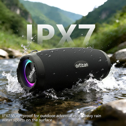 Ortizan M8 Wireless Portable Bluetooth Speaker, 60W Outdoor Speaker Bluetooth 6.0 with Enhanced Bass, IP67 Waterproof, Party Lights, and Shoulder Strap, Auracas Snyc 100+ Speakers