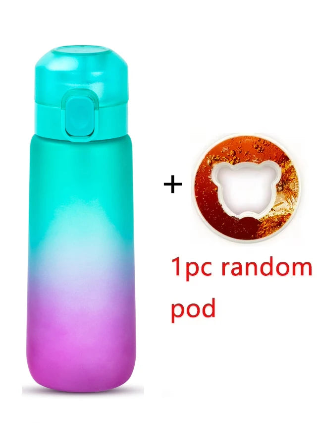 1 botella de agua saborizada de 650 ml con 1 cápsula de sabor aleatorio. Botella de agua Air Water Bottle negra esmerilada. Ideal para camping, deportes y fitness.