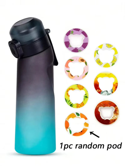 1 botella de agua saborizada de 650 ml con 1 cápsula de sabor aleatorio. Botella de agua Air Water Bottle negra esmerilada. Ideal para camping, deportes y fitness.