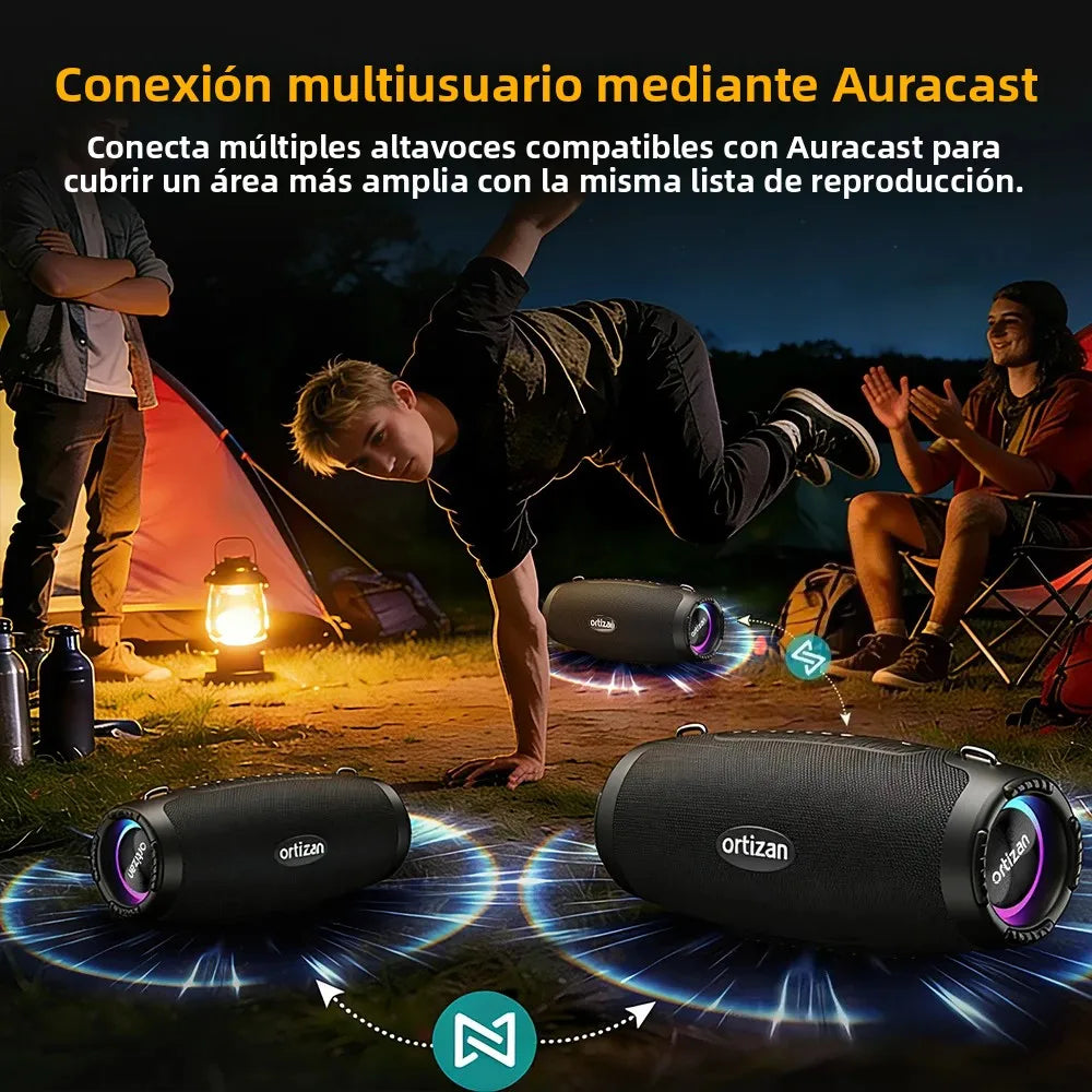 Ortizan M8 Wireless Portable Bluetooth Speaker, 60W Outdoor Speaker Bluetooth 6.0 with Enhanced Bass, IP67 Waterproof, Party Lights, and Shoulder Strap, Auracas Snyc 100+ Speakers